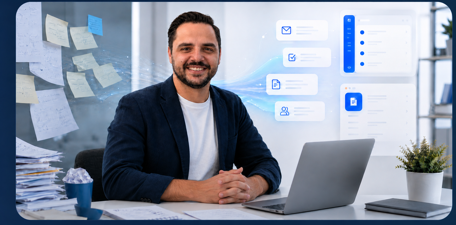David Stach in einem modernen Arbeitsumfeld mit dem Übergang von Chaos zu digitalen, geordneten Abläufen.